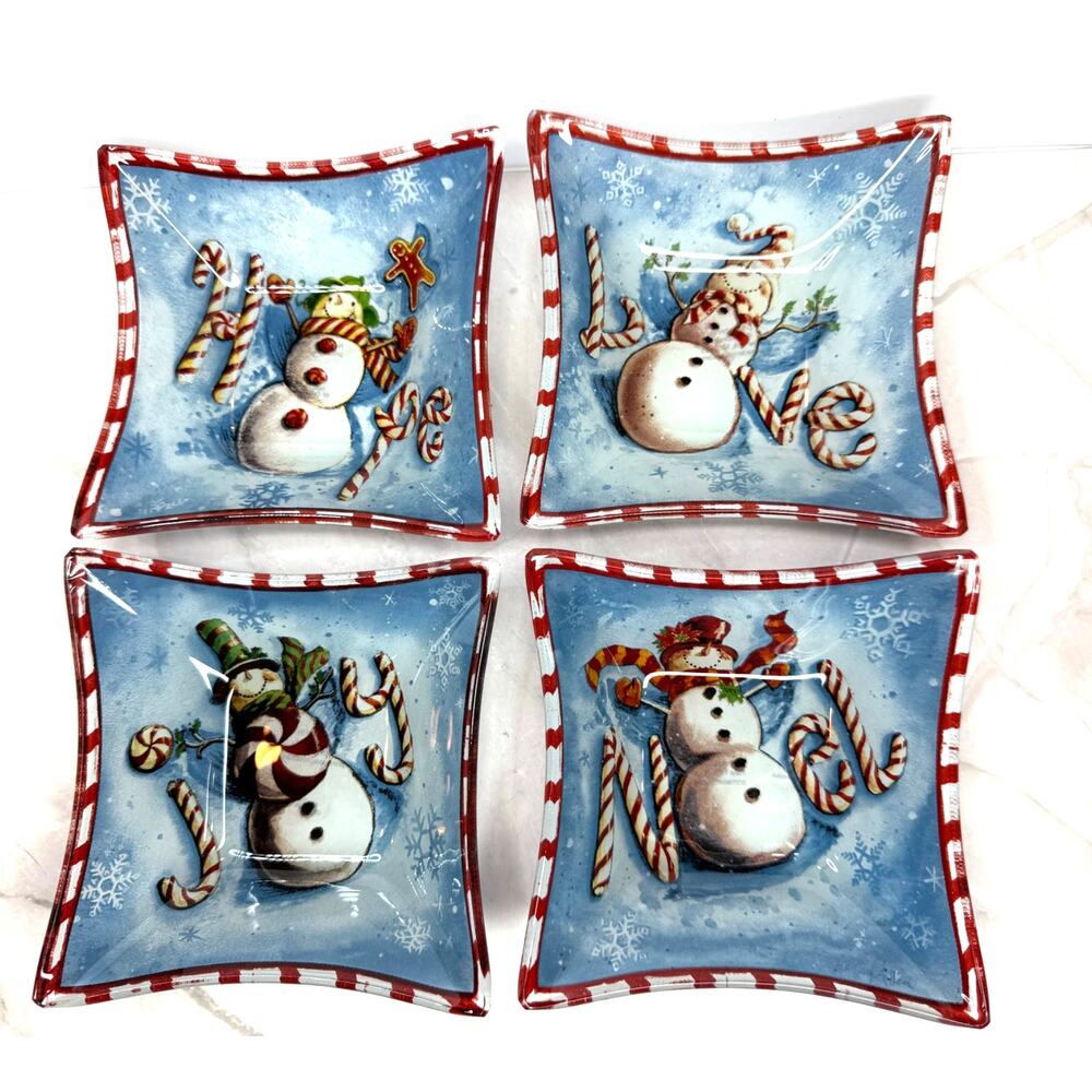Set of 4 Prima Design Christmas Snowmen Snack Bowls 4 Designs 5"x5" Square